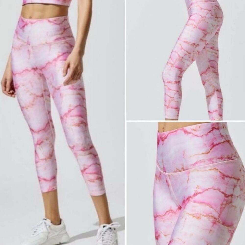 Terez Leggings Rose Quartz Marble Capri Leggings High Rise Pink Orange XS NWT